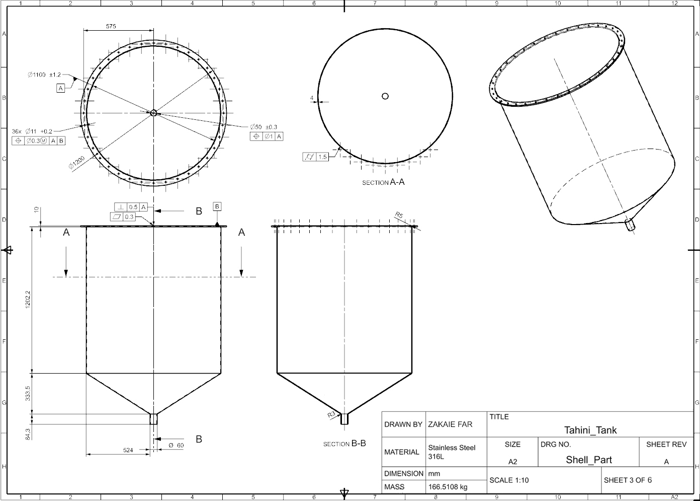 Shell Part engineering drawing with GD&T, sheet 3 of 6