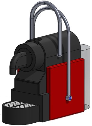 Final CAD assembly of the re-engineered coffee machine with integrated compression module